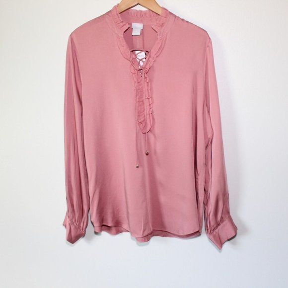 NWT Chico's Sandwashed Satin Ruffle Blouse Pink Women's Top Size 2 12 14 H13810 - Picture 2 of 10